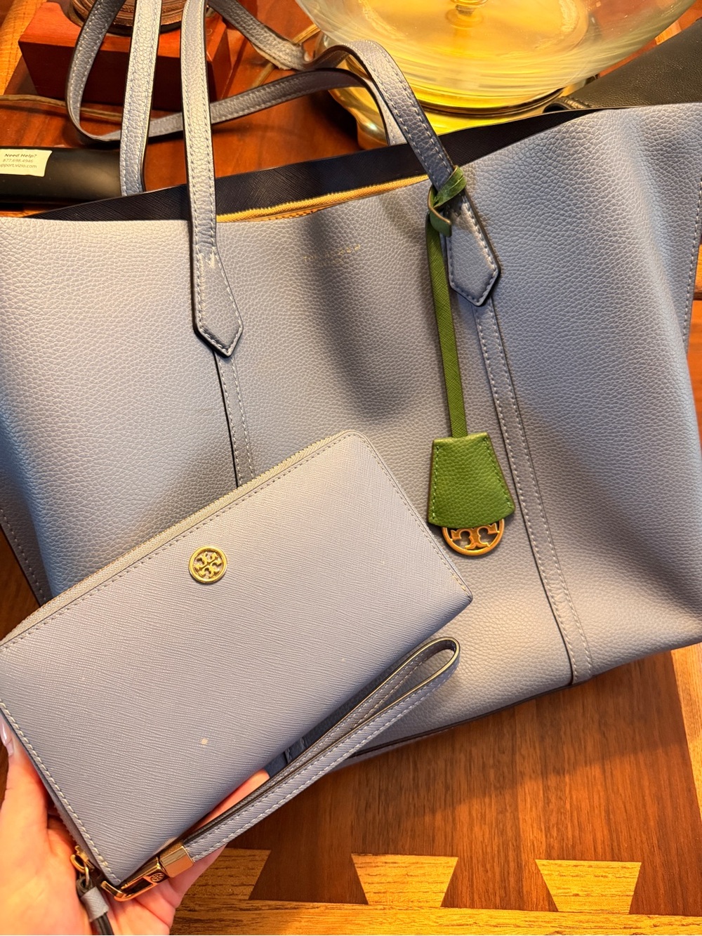 Tory Burch Powder Blue Leather Tote with Laptop Sleeve and Wallet/Wristlet